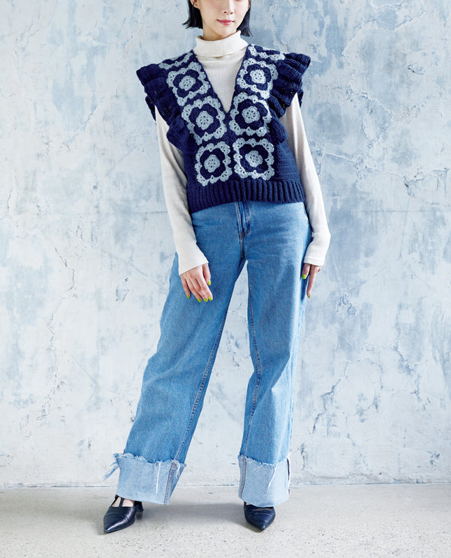 【DL 編み物】モチーフつなぎのフリルベスト Design by MANAMI（DLknit-0052）