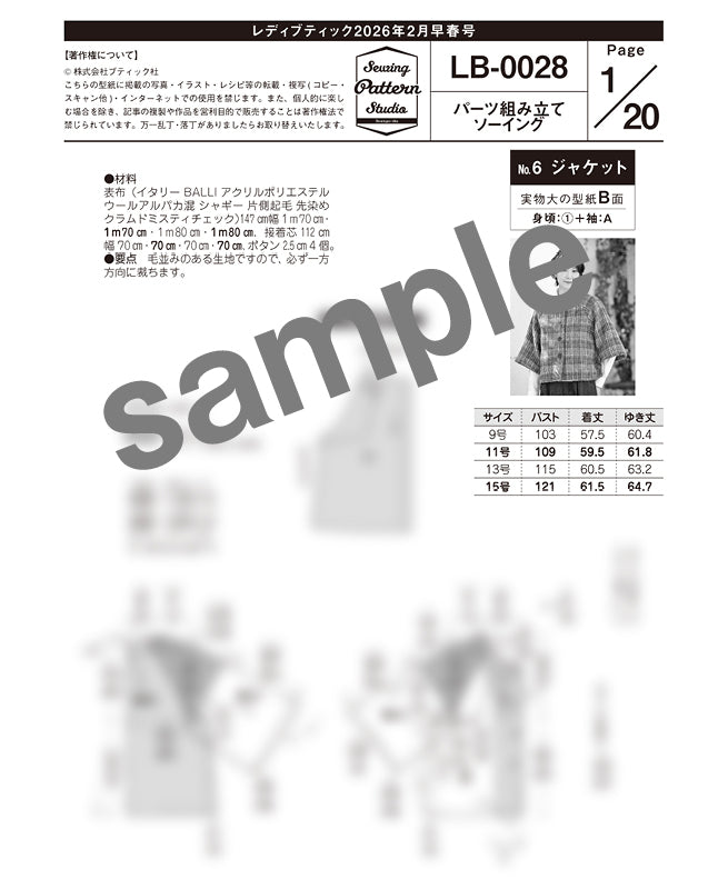 【型紙】レディブティック2026年2月早春号 実物大の型紙A面B面＋レシピ（LB-0028）